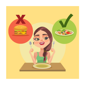 Illustration of a person choosing a salad over a hamburger