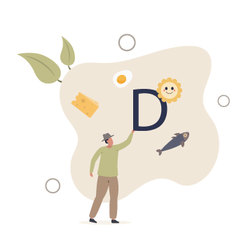 Illustration of a person holding the letter 'D', fish, cheese, eggs, and a sun