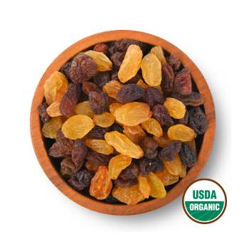 Bowl of mixed organic raisins