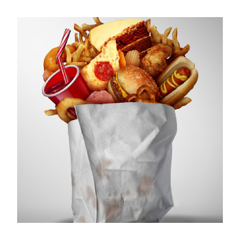 Image of a bag of processed foods - hamburger, hot dog, pizza, cake, soda