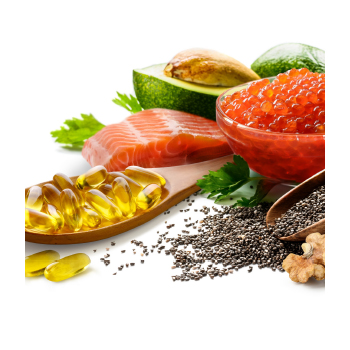 Image of fish oil, avocado, raw fish, seeds, and nuts