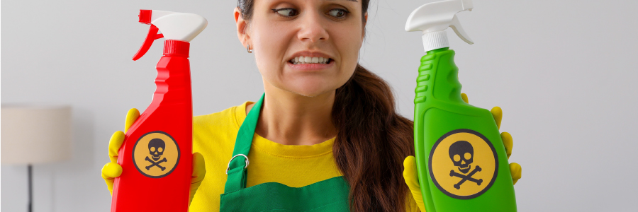 Person holding toxic household cleaners