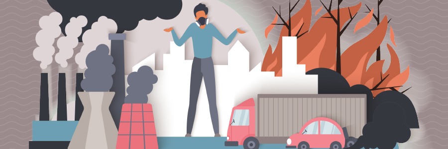 Illustration of a person wearing a mask with air polluter in the background