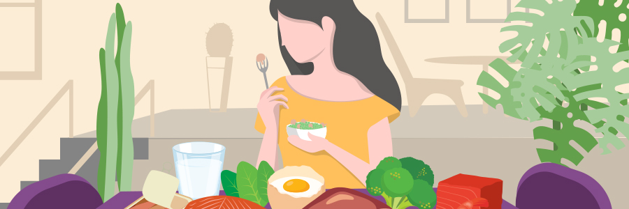 Illustration of a person eating a bowl of vegetables