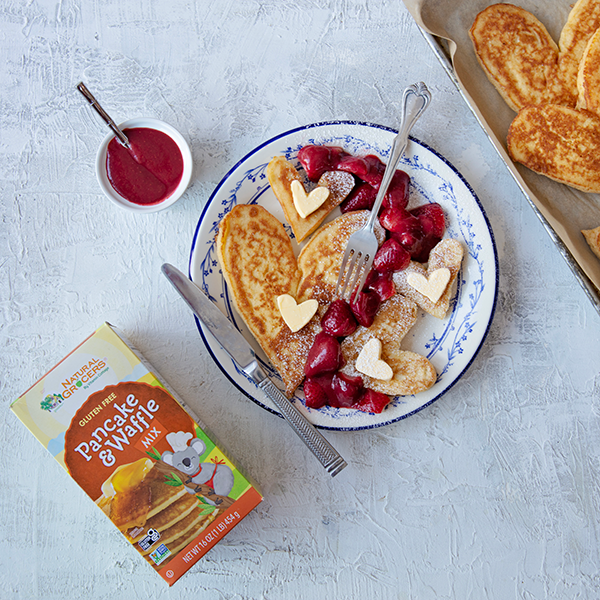 Heart-Shaped Pancakes with Organic Strawberry Purée