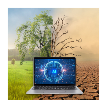 Image of a computer with a dying tree in the background