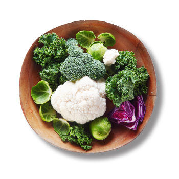 Image of a bowl of  broccoli, cauliflower, Brussels sprouts, and cabbage