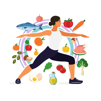 Illustration of a person doing yoga surrounded by healthy foods