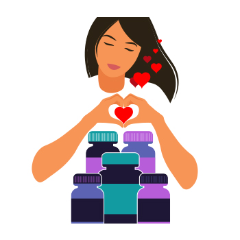 Illustration of a person making a heart with their hands next to a group of supplement bottles