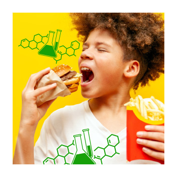 Image of a person eating a fast food hamburger and fries