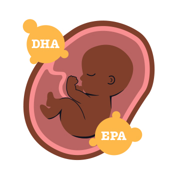 Illustration of a fetus in the womb with DHA and EPA molecules