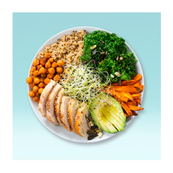 Healthy dish with chicken, vegetables, and greens