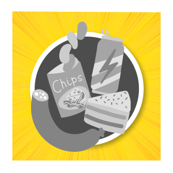 Illustration of unhealthy snacks, sugary sodas and desserts 
