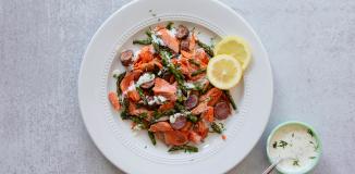 Salmon Salad with Roasted Potatoes, Asparagus, and Horseradish Dill Sauce