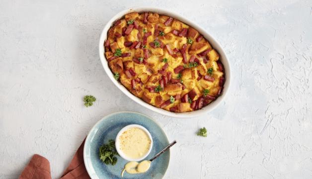 Eggs Benedict Casserole with Quick Hollandaise Sauce