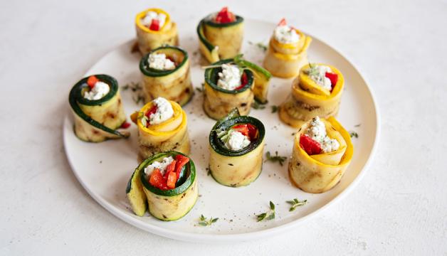 Grilled Zucchini and Summer Squash Roll Ups with Goat Cheese