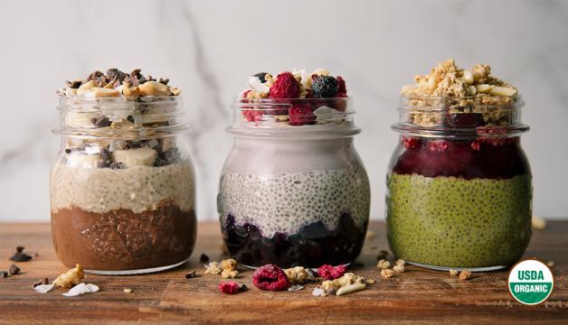 Breakfast Chia Pudding, Three Ways: Chocolate Peanut Butter Banana, Cherry Matcha, and Blueberry Coconut Cream
