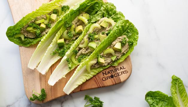 Lemon Artichoke Salmon Salad Served in Crisp Organic Romaine Lettuce Cups   