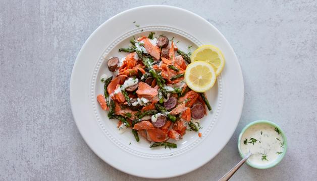Salmon Salad with Roasted Potatoes, Asparagus, and Horseradish Dill Sauce