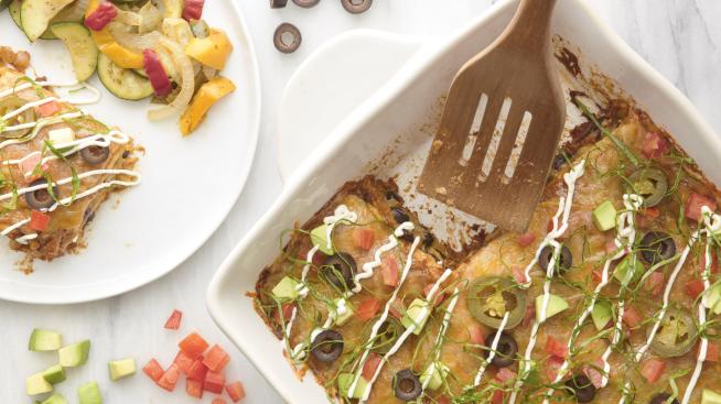 Vegetarian Enchilada Casserole with Sautéed Onions, Peppers, and Zucchini