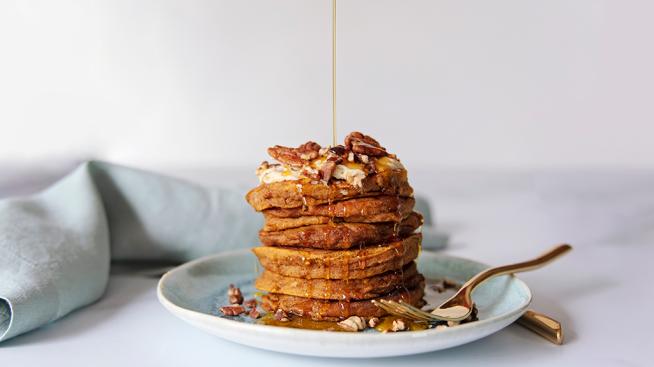 Gluten-Free Pumpkin Spice Pancakes Topped with Maple Pecan Butter