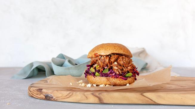 BBQ Jackfruit Sandwich with Avocado Slaw