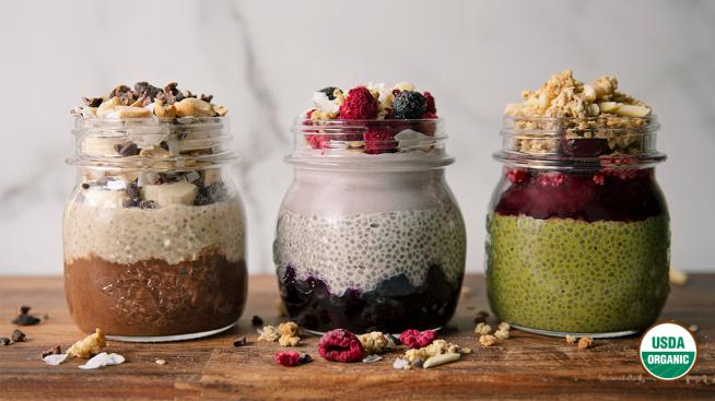 Breakfast Chia Pudding, Three Ways: Chocolate Peanut Butter Banana, Cherry Matcha, and Blueberry Coconut Cream