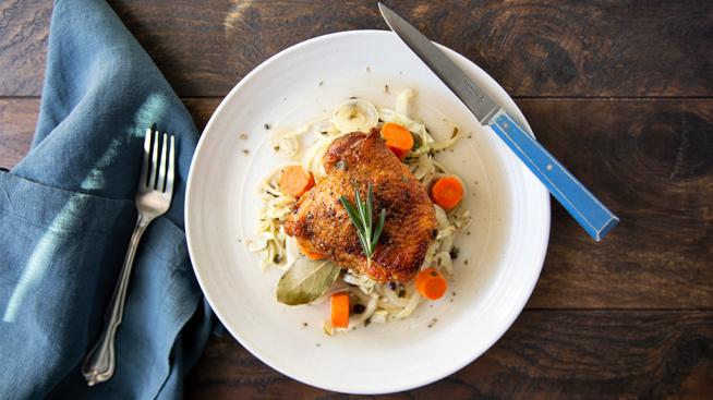 Cider-Braised Chicken and Cabbage Served with Balsamic Green Beans