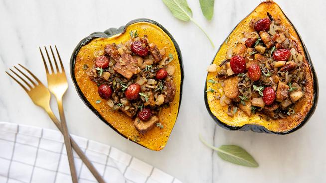 Squash Stuffed with Pears, Wild Rice and Tempeh