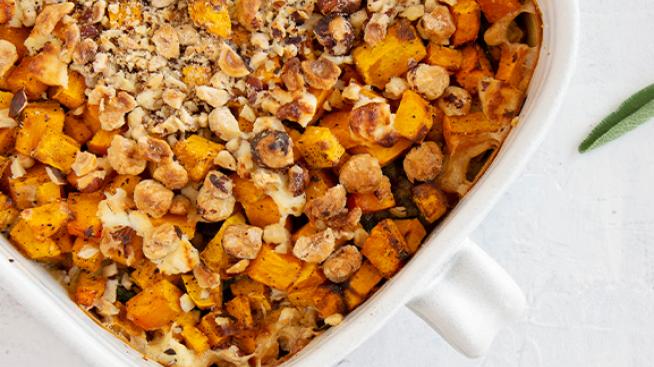 Butternut Squash Gratin with Goat Cheese and Hazelnuts